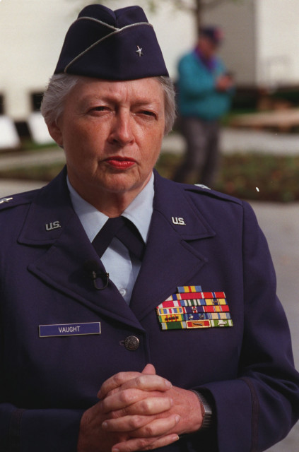 General Wilma L. Vaught, USAF (Ret.), President of the Women In Military Service For America (WIMSA) Memorial Foundation, is interviewed by members of Air Force News at the Dedication of the WIMSA Memorial, October 18, 1997. (Photo by SSgt Renee' Sitler) (Released)