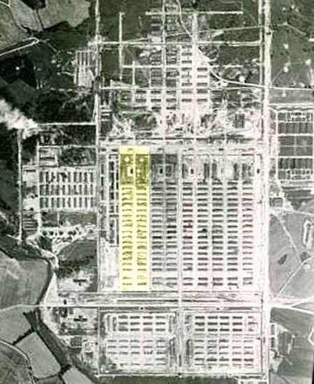 German death camp. "Roma camp" is marked on yellow. Photo taken in 1944 by RAF.