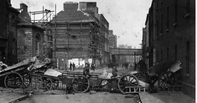 A street barricade erected by the rebels in Dublin during the  Easter Rising.