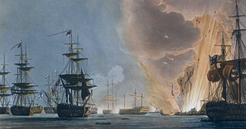 Battle of the Nile, Augt 1st 1798, Thomas Whitcombe, 1816, National Maritime Museum – the climax of the battle, as Orient explodes.
