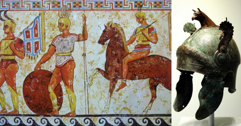 Left: Samnite soldiers from a tomb frieze in Nola 4th century BC. Right: A ceremonial Attic helmet typical of many found in Samnite tombs, ca. 300 BC. davide ferro - CC BY-SA 3.0