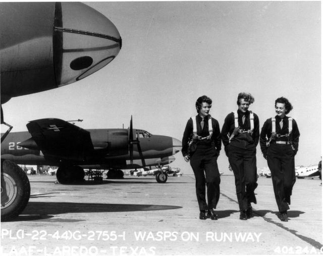 Service members of WASP on the flight line at Laredo Army Air Field, Texas, January 22, 1944.