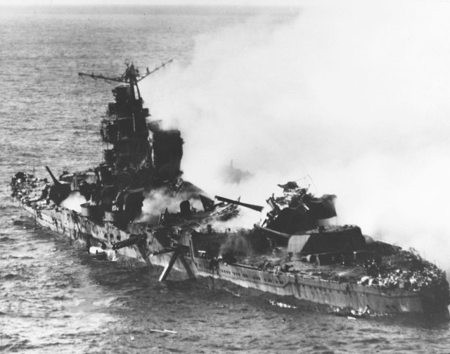 The sinking of the Mikuma, a Japanese heavy cruiser sunk at Midway.