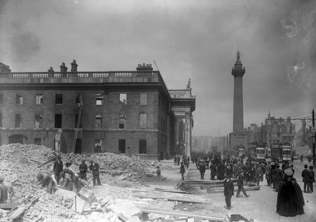 The burnt out shell of the GPO, the rebel headquarters, after the Rising. Photo Credit.