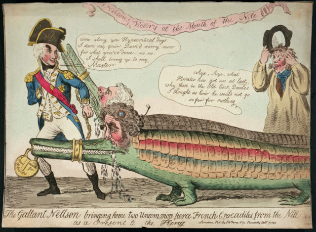 The Gallant Nellson bringing home two Uncommon fierce French Crocadiles from the Nile as a Present to the King, James Gillray, 1798, National Maritime Museum. The crocodiles represent Fox and Sheridan.