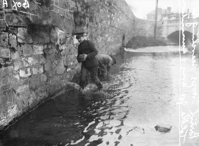British soldiers searching the River Tolka in Dublin for arms and ammunition after the Easter Rising. May 1916.