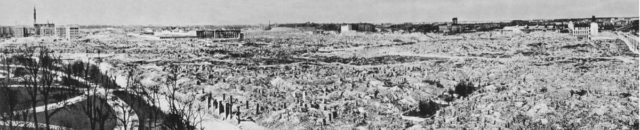 Ruins of Warsaw Ghetto, leveled by German forces, according to Adolf Hitler's order, after suppressing of the Warsaw Ghetto Uprising in 1943. North-west view, left - the Krasiński`s Garden and Swiętojerska street, photo taken in 1945.