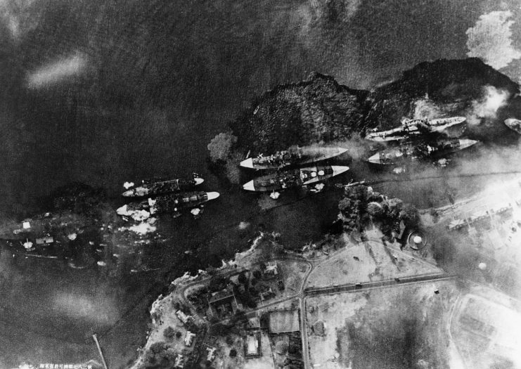 Japanese reconnaissance photo showing Battleship Row; West Virginia is leaking fuel from torpedo hits