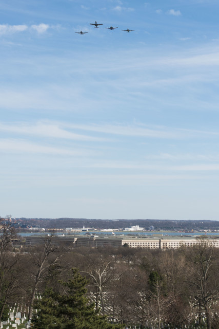 A-10 Thunderbolt II, also known as the Warthog, perform a Missing Man Formation Flyover at Arlington National Cemetery, March 11, 2016, in Arlington, Va. The Warthogs flew over the burial service for U.S. Air Force Col. Avery Kay, considered the father of the A-10s.