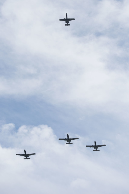 A-10 Thunderbolt II, also known as the Warthog, perform a Missing Man Formation Flyover at Arlington National Cemetery, March 11, 2016, in Arlington, Va. The Warthogs flew over the burial service for U.S. Air Force Col. Avery Kay, considered the father of the A-10s.