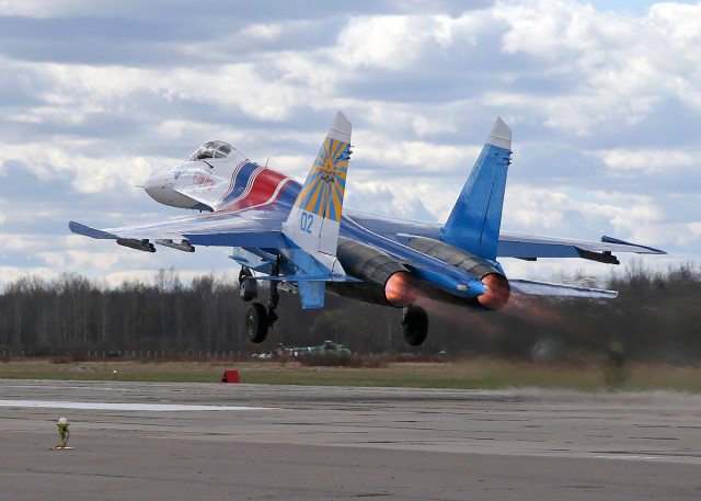 Sukhoi Su-27 of Russian Knights of Russian Airforce at Pushkin airbase (ULLP). Saint-Petersburg, Russia. (Photo by Fyodor Borisov/Transport-Photo Images)