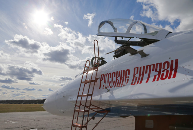 Sukhoi Su-27 of Russian Knights of Russian Airforce at Pushkin airbase (ULLP). Saint-Petersburg, Russia. (Photo by Fyodor Borisov/Transport-Photo Images)