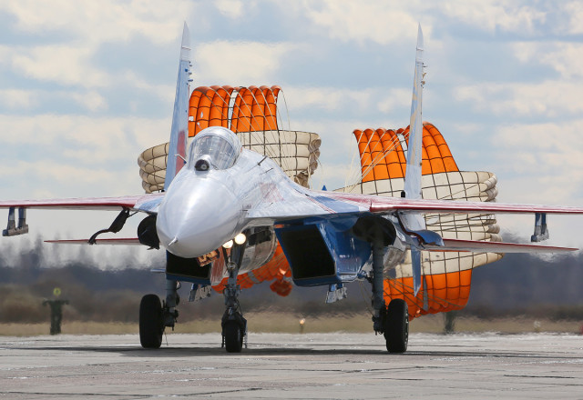 Sukhoi Su-27 of Russian Knights of Russian Airforce at Pushkin airbase (ULLP). Brake parachute. Saint-Petersburg, Russia. (Photo by Fyodor Borisov/Transport-Photo Images)