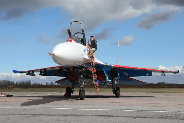 Crew of Sukhoi Su-27 of Russian Knights of Russian Airforce at Pushkin airbase (ULLP). Pilot Sergey Scheglov. Saint-Petersburg, Russia. (Photo by Fyodor Borisov/Transport-Photo Images)