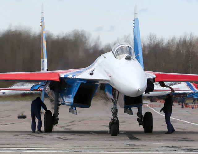 Sukhoi Su-27 of Russian Knights of Russian Airforce at Pushkin airbase (ULLP). Saint-Petersburg, Russia. (Photo by Fyodor Borisov/Transport-Photo Images)