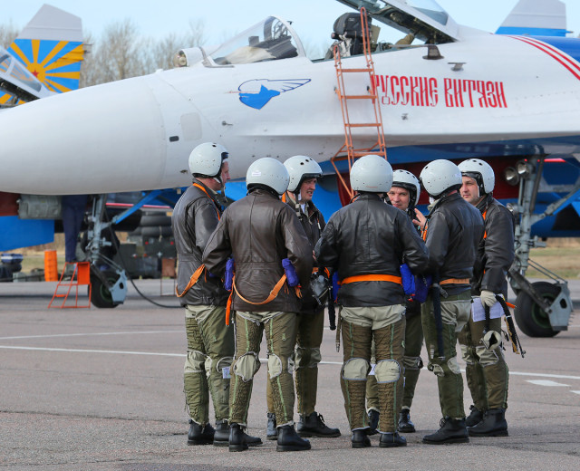 Crews of Sukhoi Su-27 of Russian Knights of Russian Airforce at Pushkin airbase (ULLP). Saint-Petersburg, Russia. (Photo by Fyodor Borisov/Transport-Photo Images)