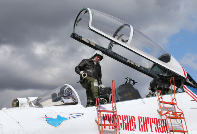 Crew of Sukhoi Su-27 of Russian Knights of Russian Airforce at Pushkin airbase (ULLP). Andrey Alekseyev. Saint-Petersburg, Russia. (Photo by Fyodor Borisov/Transport-Photo Images)