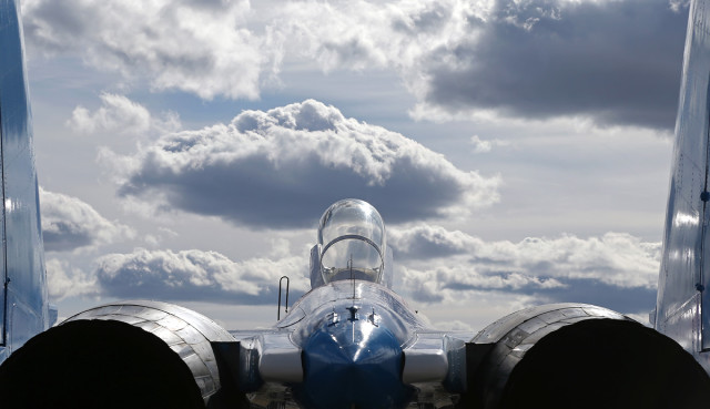 Sukhoi Su-27 of Russian Knights of Russian Airforce at Pushkin airbase (ULLP). Saint-Petersburg, Russia. (Photo by Fyodor Borisov/Transport-Photo Images)