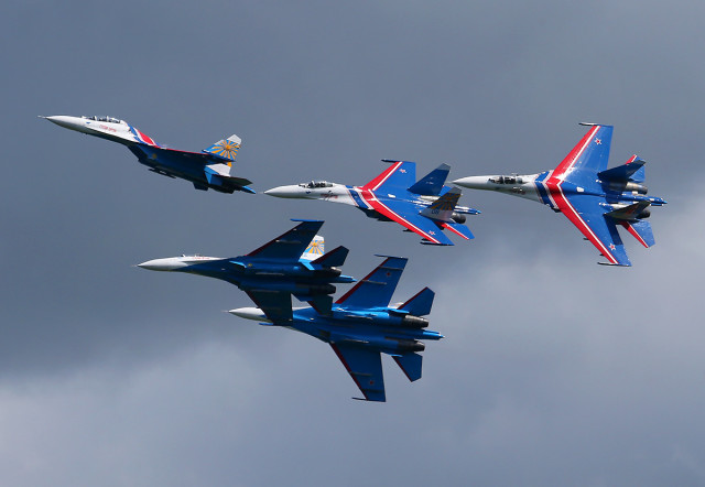 Sukhoi Su-27 of Russian Knights of Russian Airforce at Pushkin airbase (ULLP). Saint-Petersburg, Russia. (Photo by Fyodor Borisov/Transport-Photo Images)