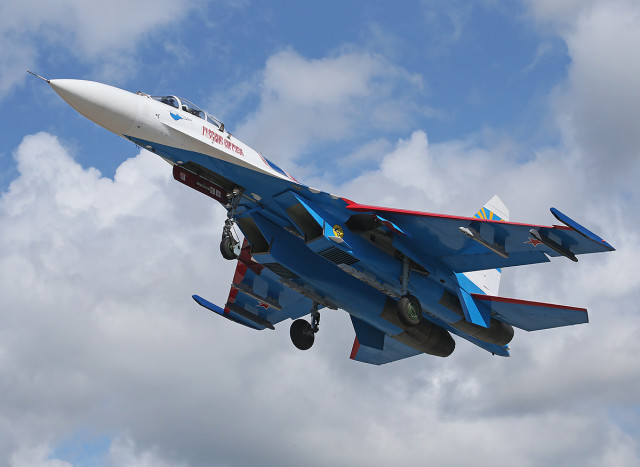 Sukhoi Su-27 of Russian Knights of Russian Airforce at Pushkin airbase (ULLP). Saint-Petersburg, Russia. (Photo by Fyodor Borisov/Transport-Photo Images)