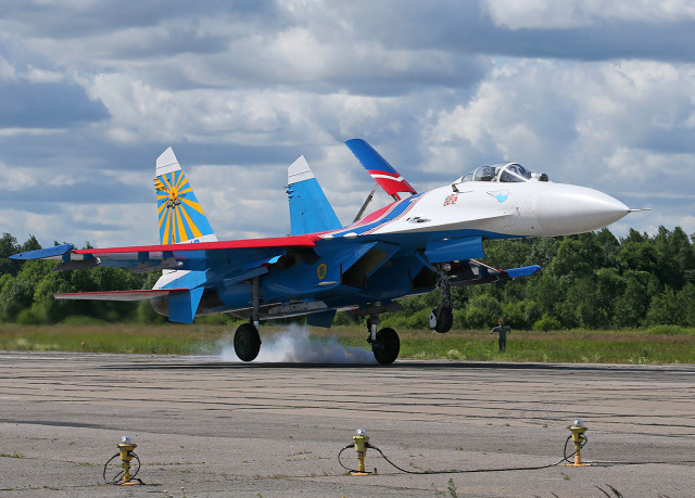 Sukhoi Su-27 of Russian Knights of Russian Airforce at Pushkin airbase (ULLP). Saint-Petersburg, Russia. (Photo by Fyodor Borisov/Transport-Photo Images)