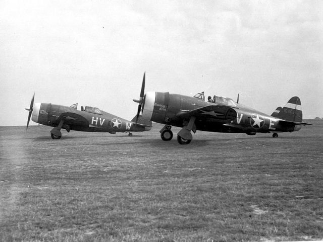 Republic P-47C-2-RE Thunderbolts of the 61st Fighter Squadron, 1942. Note the early USAAF fuselage insignia.