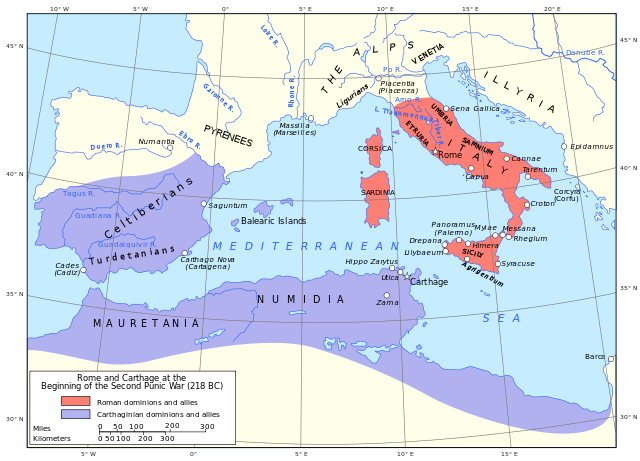 Map showing Rome and Carthage at the start of the Second Punic War and the theatre of the Punic Wars.