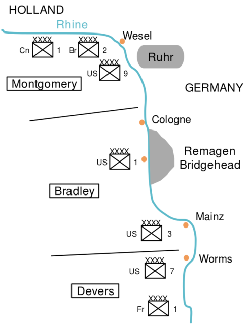 The Allied disposition in western Europe by March 1945.