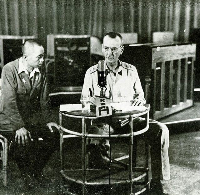 Wainwright ordering the surrender of the Philippines and watched by a Japanese censor.