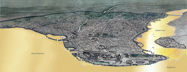 An aerial view of Constantinople in Byzantine times (Wikipedia)