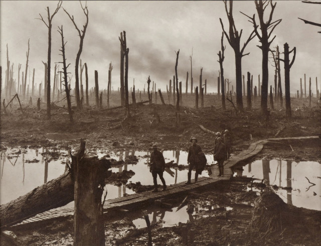 Soldiers of an Australian 4th Division field artillery brigade on a duckboard track passing through Chateau Wood, near Hooge in the Ypres salient, 29 October 1917.