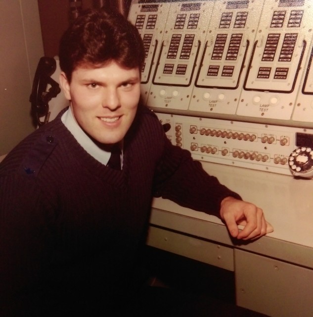 A 19-year-old Collins is pictured in training at Chanute Air Force Base, Ill., in 1982, learning to work with the launch control panels for the Minuteman II missiles. Courtesy of Craig Collins 