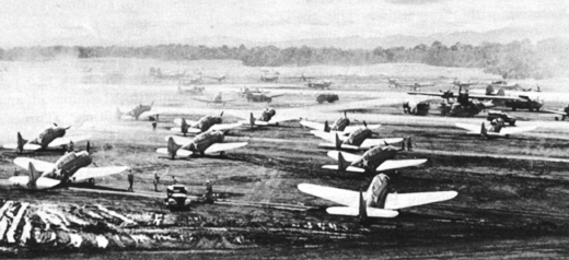Cactus Air Force aircraft crowd Henderson Field, Guadalcanal in October, 1942