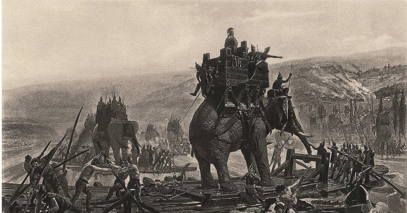 War elephants depicted in Hannibal Barca crossing the Rhône, by Henri Motte, 1878.
