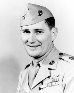 United States Marine Corps Captain (CPT) Joseph Jacob Foss, is shown wearing the highly prized Medal of Honor bestowed upon him by President Roosevelt for outstanding gallantry against the Japanese in the Solomons. Official Portrait.