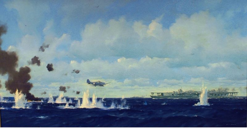 Painting depicting a U.S. Navy Douglas TBD-1 Devastator torpedo plane making an attack against a Japanese aircraft carrier at the Battle of Midway, 4 June 1942. U.S. Navy National Museum of Naval Aviation 