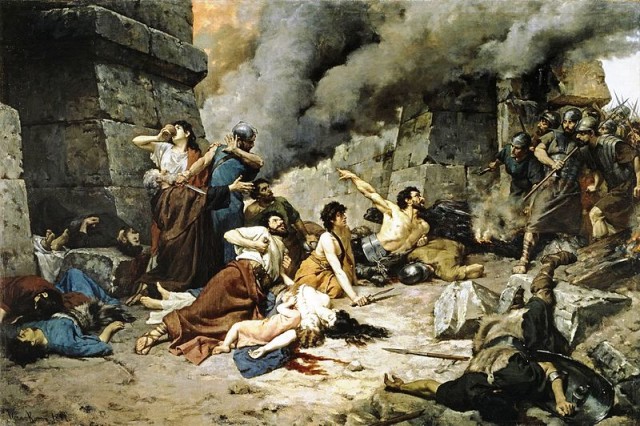 Though not quite accurate, this painting shows the resolve and defience of the defenders, who are committing suicide as the Romans break into their city.