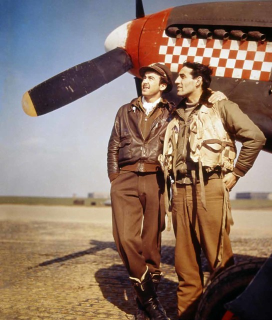 Lieutenant John Godfrey (left) and Capt. Don Gentile of the 4th Fighter Group made a lethal pair when they went hunting over Europe. Together they accounted for thirty-seven victories and were the most famous pair of pilots flying Mustangs during World War II. National Archives 