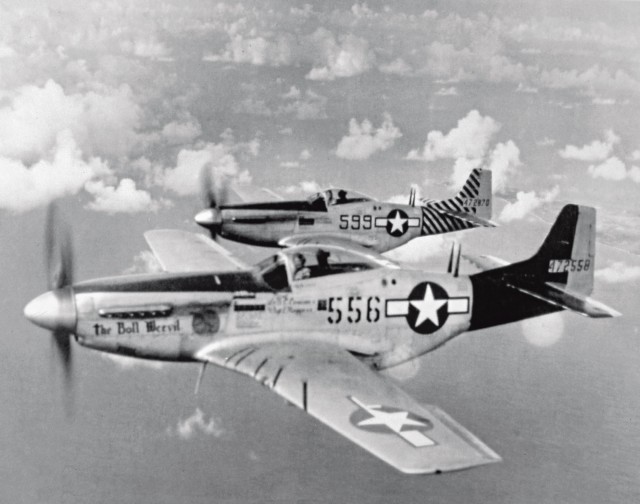 A pair of 506th Fighter Group Mustangs cruise near Iwo Jima. The Boll Weevil and 599 (called Anything Goes) served in the same group, but different squadrons, hence the different tails. The airplane in the foreground was with the 457th Fighter Squadron (green tail) and 599 was assigned to the 458th Fighter Squadron (blue stripes). National Archives