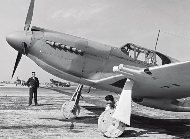 Someone at NAA got the idea that rubber was being wasted as workers moved new Mustangs around in the factory and on the ramp. Could substitute wheels be used in their place? Perhaps more of a PR stunt than actual long-term consideration, the wooden wheels were briefly affixed to an RAF Mustang Mk IA. How embarrassing for the sleek new fighter! National Archives 