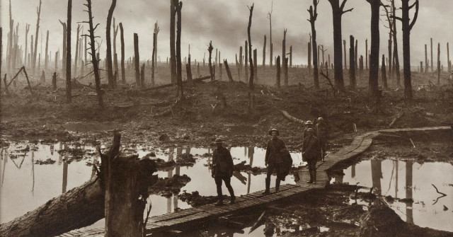 Soldiers of an Australian 4th Division field artillery brigade on a duckboard track passing through Chateau Wood, near Hooge in the Ypres salient, 29 October 1917. The leading soldier is Gunner James Fulton and the second soldier is Lieutenant Anthony Devine. The men belong to a battery of the 10th Field Artillery Brigade. Australian War Memorial collection number E01220.