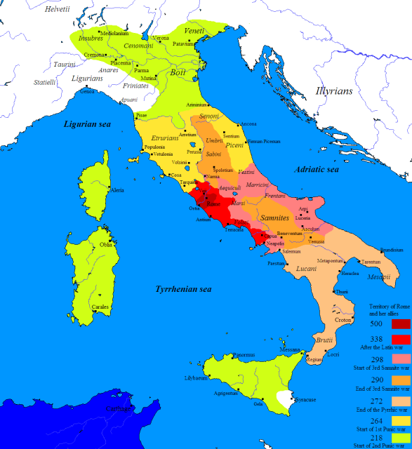 The growth of Roman territory, note the small size at the start of the Samnite Wars.