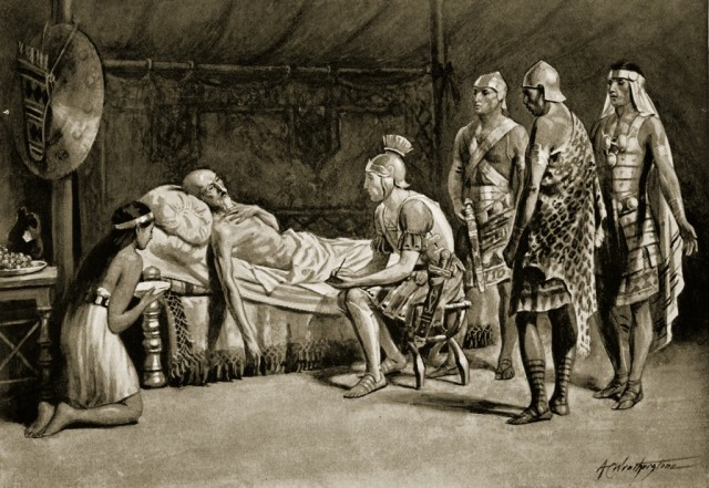 Scipio Aemilianus at the deathbed of Masinissa. Masinissa had won and expanded his kingdom decades before this Scipio was even born, and continued to lead proudly until his death.