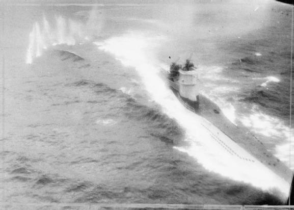 Photo of U-361 from Cruickshank's Catalina during the attack via commons.wikimedia.org