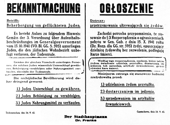  According to this decree, those knowingly helping these Jews by providing shelter, supplying food, or selling them foodstuffs are also subject to the death penalty. This is a categorical warning to the non-Jewish population against: 1) Providing shelter to Jews, 2) Supplying them with Food, 3) Selling them Foodstuffs. Częstochowa 9/24/42 Der Stadthauptmann Dr. Franke