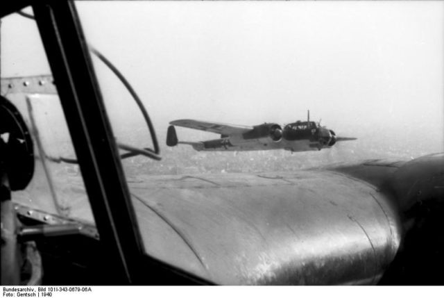 Do 17s in close formation. The picture has been taken from the pilot's side, aft of his position. Photo Credit.