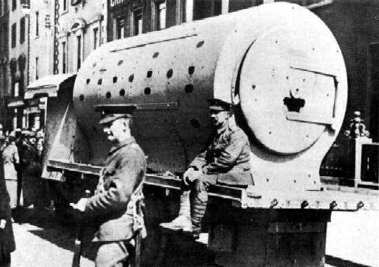 British armoured truck, hastily built from the smokeboxes of several steam locomotives at Inchicore railway works.