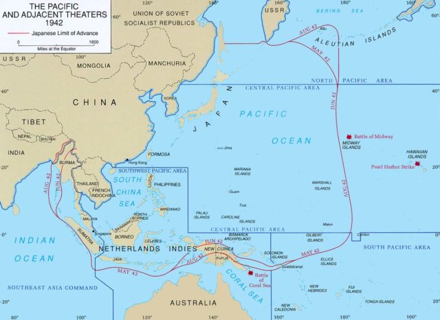 Japanese control of the western Pacific area between May and August 1942. Guadalcanal is located in the lower right center of the map.