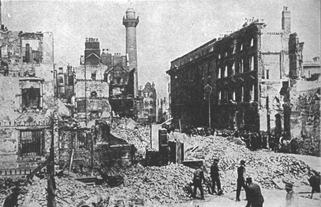 Henry Street, Dublin, after the Rising. The shell of the GPO is on the right.