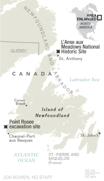 map of Newfoundland Island showing L'Anse aux Meadows and Point Rosee. 